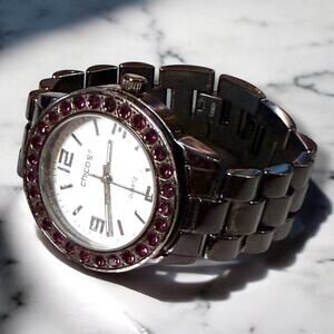 Chicos Watch Womens Black Gray Gunmetal Polished Red Jeweled Bezel Quartz WORKS